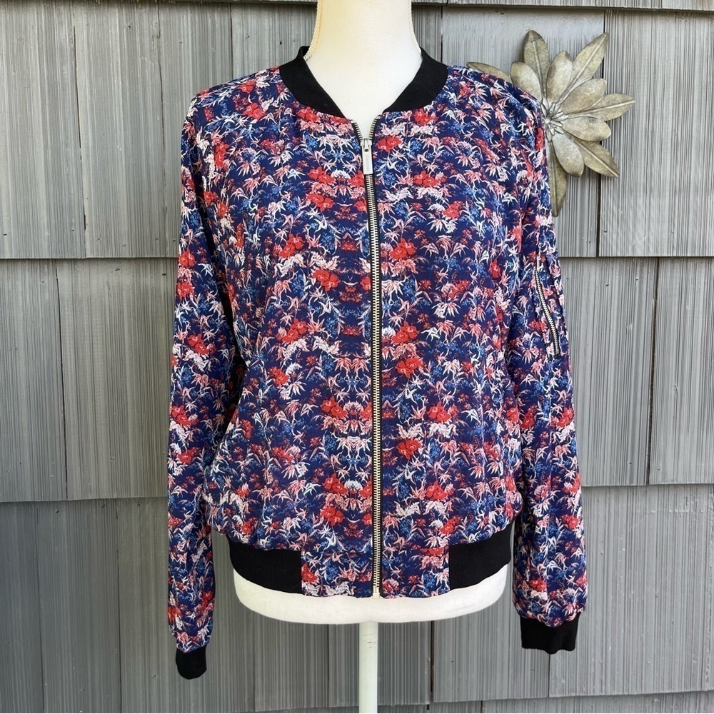 Sanctuary Red & Blue Floral Zip Bomber Jacket Medium